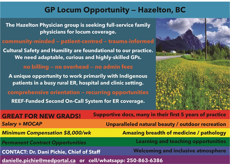 Display ad for the Wrinch Physician Group in Hazelton seeking full-service Family Physician for Locum Coverage